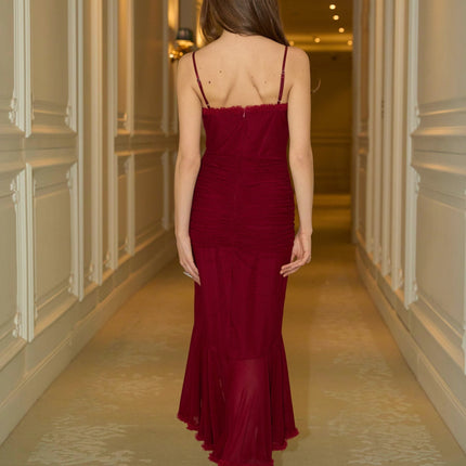Laura Bold Maxi Dress Red Tulle Sweetheart Neckline Ruched Detailing Front Slit Spaghetti Straps Ruffled Trim 89% Terylene 11% Spandex