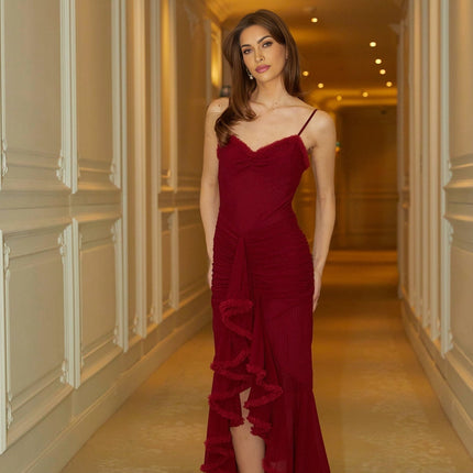 Laura Bold Maxi Dress Red Tulle Sweetheart Neckline Ruched Detailing Front Slit Spaghetti Straps Ruffled Trim 89% Terylene 11% Spandex Elegant Sophisticated Graceful Charm