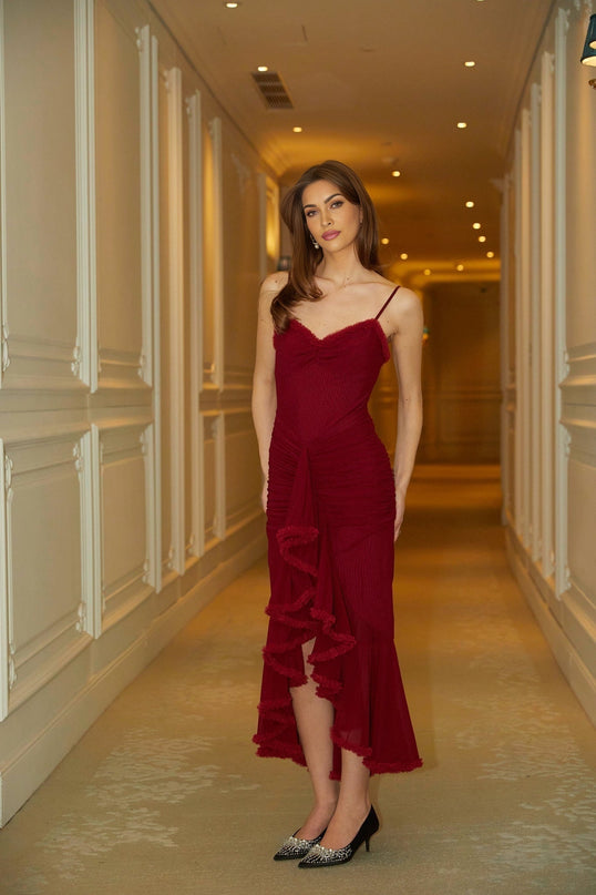 Laura Bold Maxi Dress Red Tulle Sweetheart Neckline Ruched Detailing Front Slit Spaghetti Straps Ruffled Trim 89% Terylene 11% Spandex Elegant Sophisticated Graceful Charm
