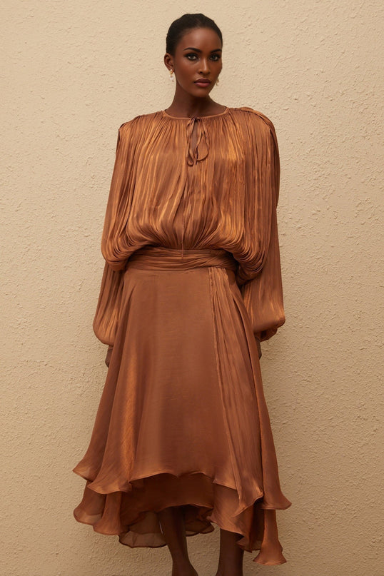 Laura Brown Maxi Dress with Pleated Ruffles and Glitter Detailing
