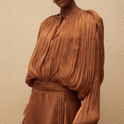 Laura Brown Maxi Dress with Pleated Ruffles and Glitter Detailing