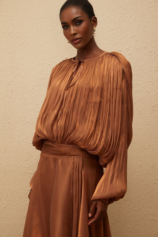Laura Brown Maxi Dress with Pleated Ruffles and Glitter Detailing