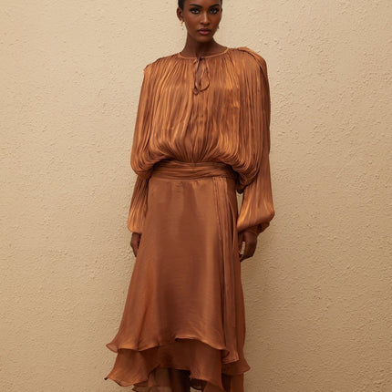 Laura Brown Maxi Dress with Pleated Ruffles and Glitter Detailing
