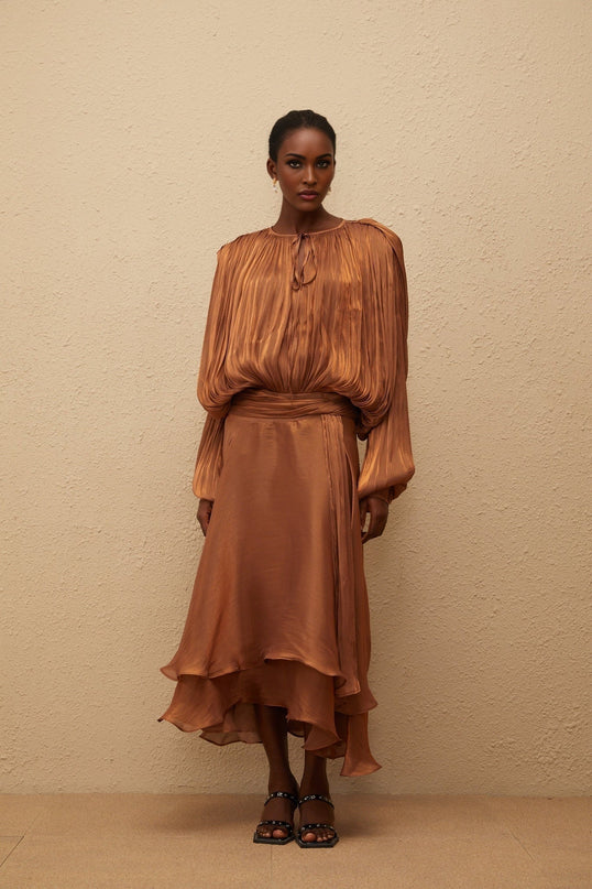 Laura Brown Maxi Dress with Pleated Ruffles and Glitter Detailing