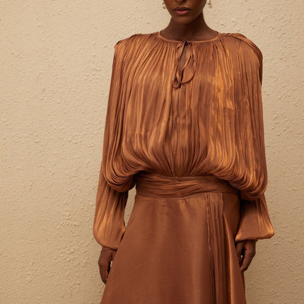 Laura Brown Maxi Dress with Pleated Ruffles and Glitter Detailing