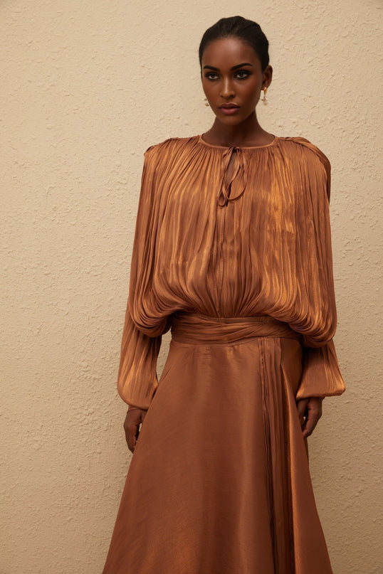 Laura Brown Maxi Dress with Pleated Ruffles and Glitter Detailing