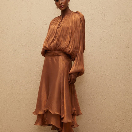 Laura Brown Maxi Dress with Pleated Ruffles and Glitter Detailing