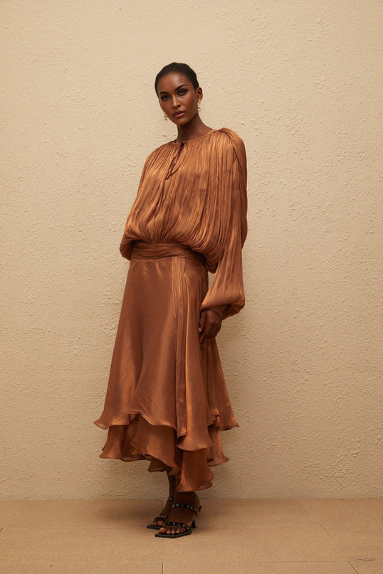 Laura Brown Maxi Dress with Pleated Ruffles and Glitter Detailing
