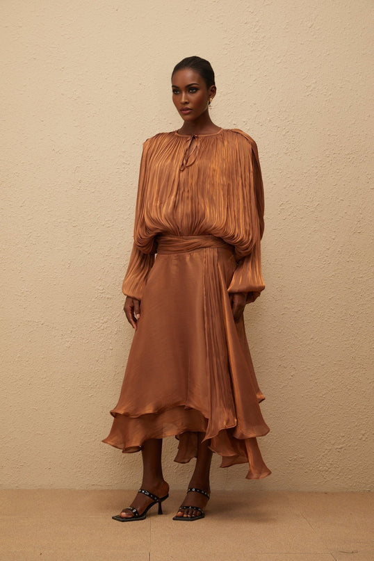 Laura Brown Maxi Dress with Pleated Ruffles and Glitter Detailing