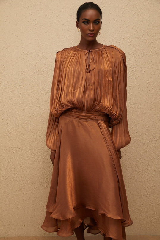 Laura Brown Maxi Dress with Pleated Ruffles and Glitter Detailing