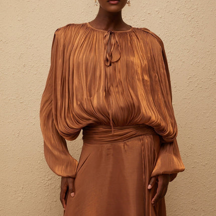 Laura Brown Maxi Dress with Ruffles and Glitter Detailing