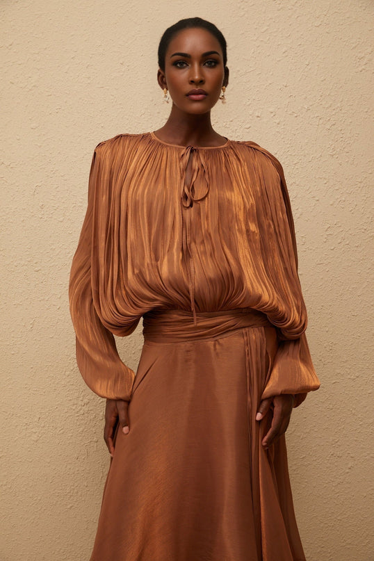 Laura Brown Maxi Dress with Ruffles and Glitter Detailing