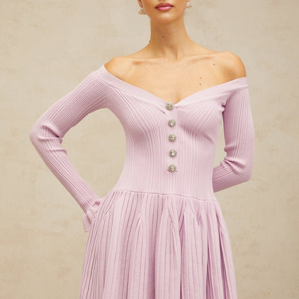 Laura Light Purple Ribbed Knit Mini Dress with Crystal-Embellished Buttons