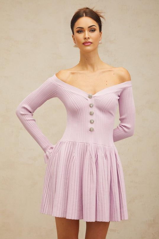 Laura Light Purple Ribbed Knit Mini Dress with Crystal-Embellished Buttons