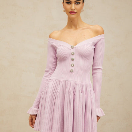 Laura Light Purple Ribbed Knit Mini Dress with Crystal-Embellished Buttons