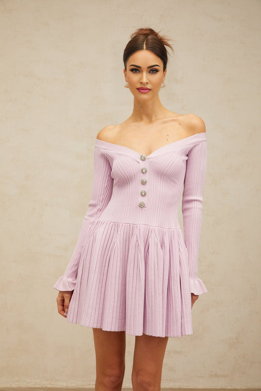 Laura Light Purple Ribbed Knit Mini Dress with Crystal-Embellished Buttons
