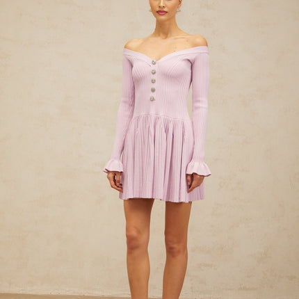 Laura Light Purple Ribbed Knit Mini Dress with Crystal Embellished Buttons and Flared Cuffs