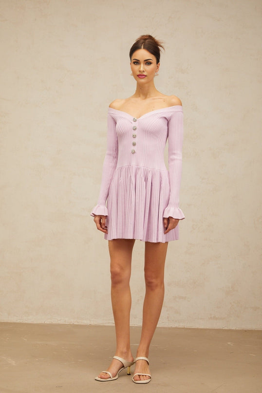 Laura Light Purple Ribbed Knit Mini Dress with Crystal Embellished Buttons and Flared Cuffs