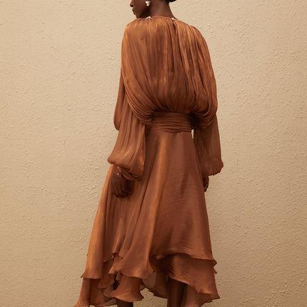 Laura Maxi Dress Brown Pleated Ruffles Glitter Detailing Buttoned-Cuff Sleeves Neck Tie Twist Design Shoulder Pads Semi-Sheer Drape