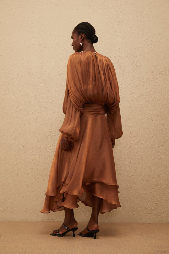 Laura Maxi Dress Brown Pleated Ruffles Glitter Detailing Buttoned-Cuff Sleeves Neck Tie Twist Design Shoulder Pads Semi-Sheer Drape
