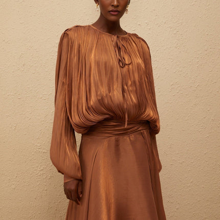 Laura Maxi Dress Brown Pleated Ruffles Glitter Detailing