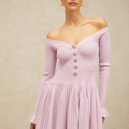 Laura Mini Dress Light Purple Ribbed Knit V-Neckline Crystal Buttons