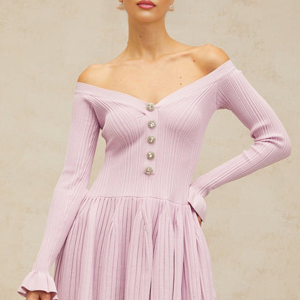 Laura Mini Dress Light Purple Ribbed Knit Off-Shoulder V-Neckline Crystal-Embellished Buttons Flared Cuffs Cinched Waist Pleated Detailing Thigh Length