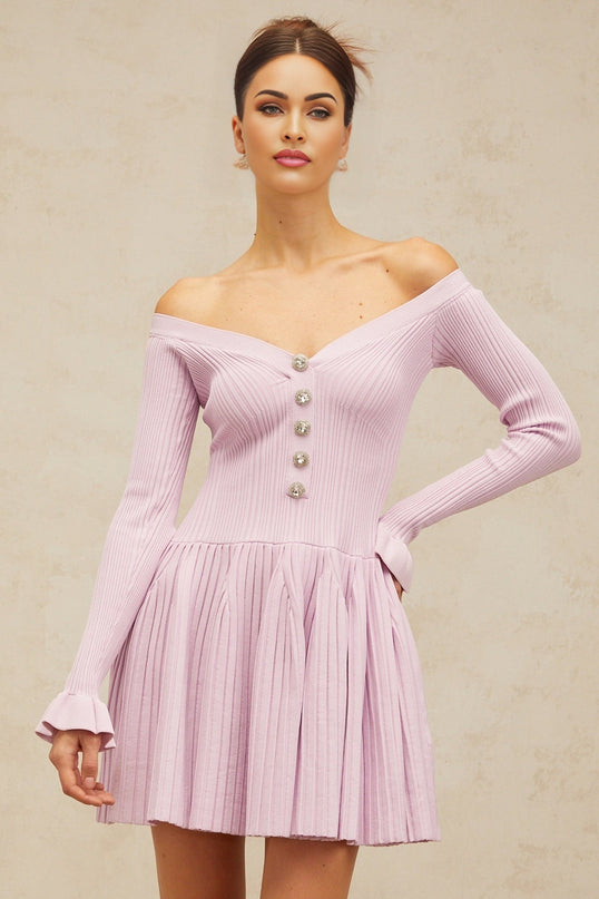 Laura Mini Dress Light Purple Ribbed Knit Off-Shoulder V-Neckline Crystal-Embellished Buttons Flared Cuffs Cinched Waist Pleated Detailing Thigh Length