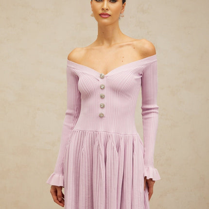 Laura Mini Dress Light Purple Ribbed Knit V-Neckline Crystal-Embellished Buttons Flared Cuffs Cinched Waist Pleated Detailing Thigh Length