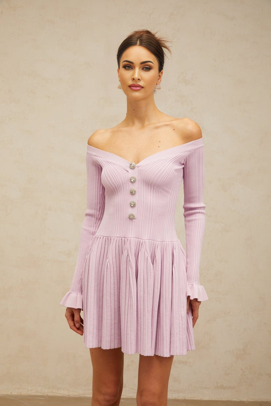 Laura Mini Dress Light Purple Ribbed Knit V-Neckline Crystal-Embellished Buttons Flared Cuffs Cinched Waist Pleated Detailing Thigh Length