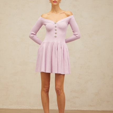Laura Mini Dress Light Purple Ribbed Knit V-Neckline Crystal Buttons Flared Cuffs Cinched Waist Pleated Detailing Thigh Length