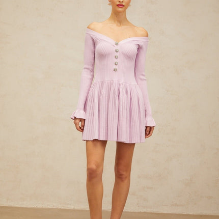 Laura Mini Dress Light Purple Ribbed Knit V-Neckline Crystal Buttons