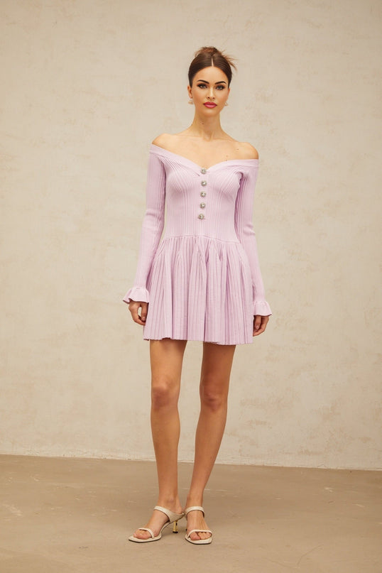 Laura Mini Dress Light Purple Ribbed Knit V-Neckline Crystal Buttons