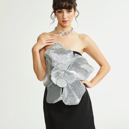 Laura Mini Dress Sequin Flower Glamour Black Silver Faux Flower Off Shoulder Polyester Luxury Style Special Occasions Statement