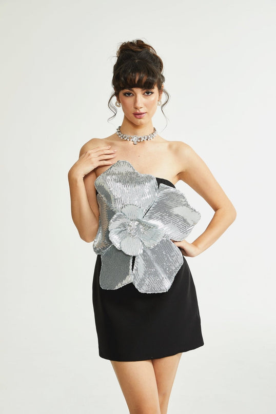 Laura Mini Dress Sequin Flower Glamour Black Silver Faux Flower Off Shoulder Polyester Luxury Style Special Occasions Statement
