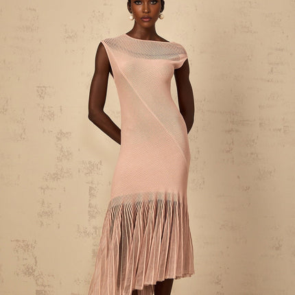 Laura Pink Ribbed Knit and Tulle Midi Dress