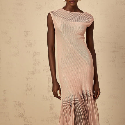 Laura Pink Ribbed Knit and Tulle Panel Midi Dress