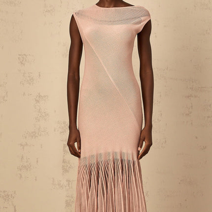 Laura Pink Ribbed Knit Tulle Panel Midi Dress