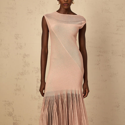 Laura Pink Ribbed Knit Tulle Panel Midi Dress
