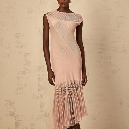 Laura Pink Ribbed Knit Tulle Panel Midi Dress Bateau Neck Cap Sleeves Fitted Waistline Dusty Pink Calf-Length Shirred Effect 100% Terylene Fiber Composition