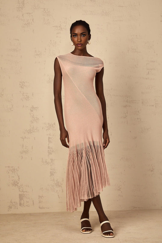 Laura Pink Ribbed Knit Tulle Panel Midi Dress Bateau Neck Cap Sleeves Fitted Waistline Dusty Pink Calf-Length Shirred Effect 100% Terylene Fiber Composition