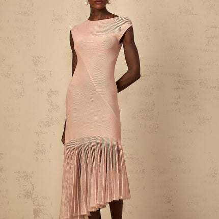 Laura Pink Ribbed Knit Tulle Panel Midi Dress