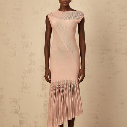 Laura Pink Ribbed Knit Tulle Panel Midi Dress