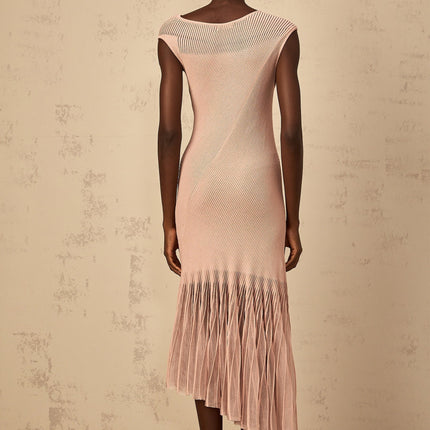 Laura Pink Ribbed Knit Tulle Panel Midi Dress