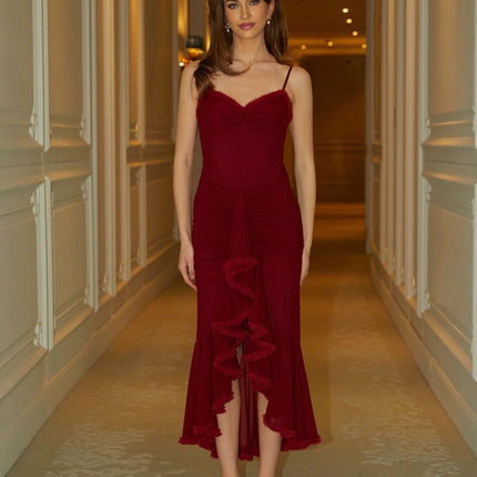 Laura Red Maxi Dress with Sweetheart Neckline and Ruched Detailing