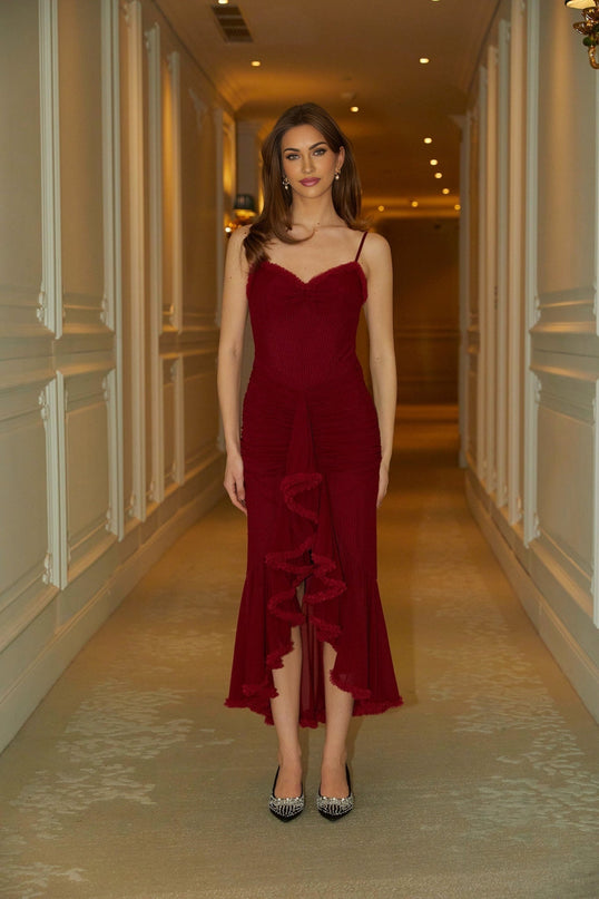 Laura Red Maxi Dress with Sweetheart Neckline and Ruched Detailing