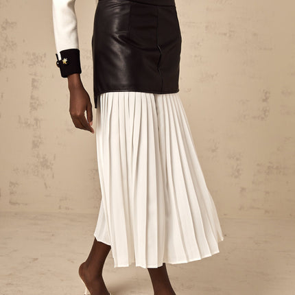Laura Skirt Blocked Panelled Leather Pleated Midi White Black
