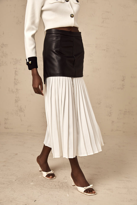 Laura Skirt Blocked Panelled Leather Pleated Midi White Black