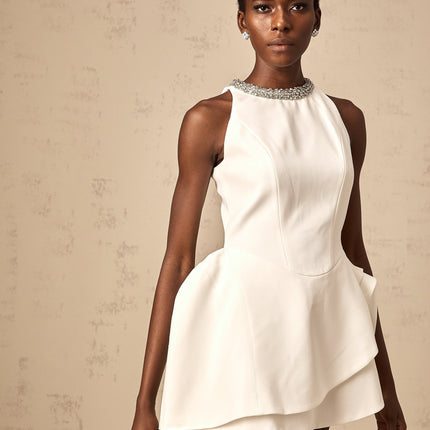 Laura White Asymmetric Layered Crystal Embellished Mini Dress