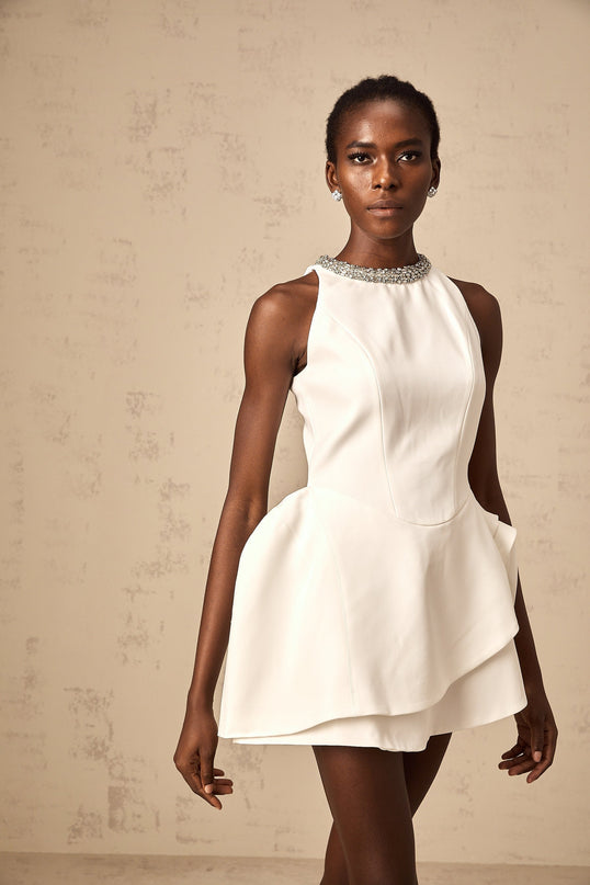 Laura White Asymmetric Layered Crystal Embellished Mini Dress